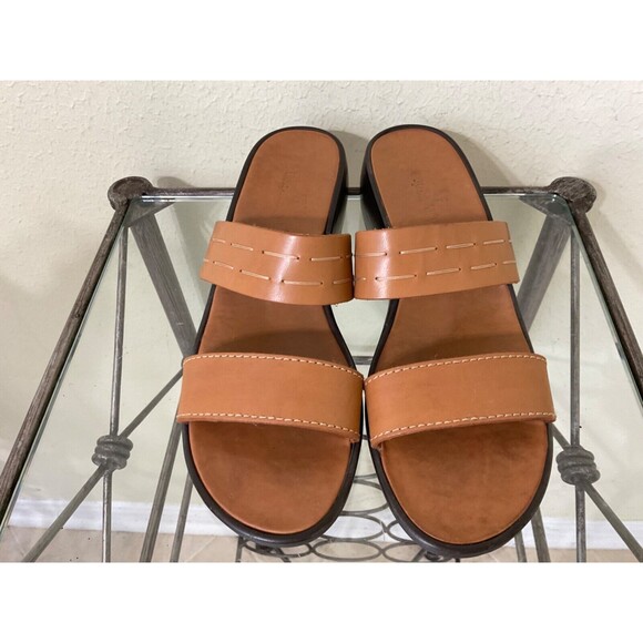 Etienne Aigner Leather Sandals women’s size 8.5 Tan Wedge Heel Slides - Picture 3 of 11